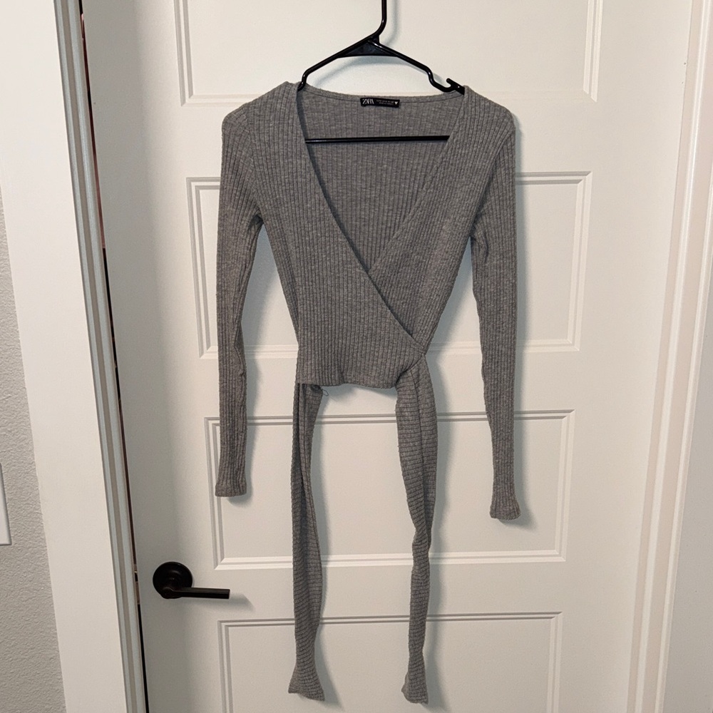Zara Gray Ribbed Knit Wrap Blouse